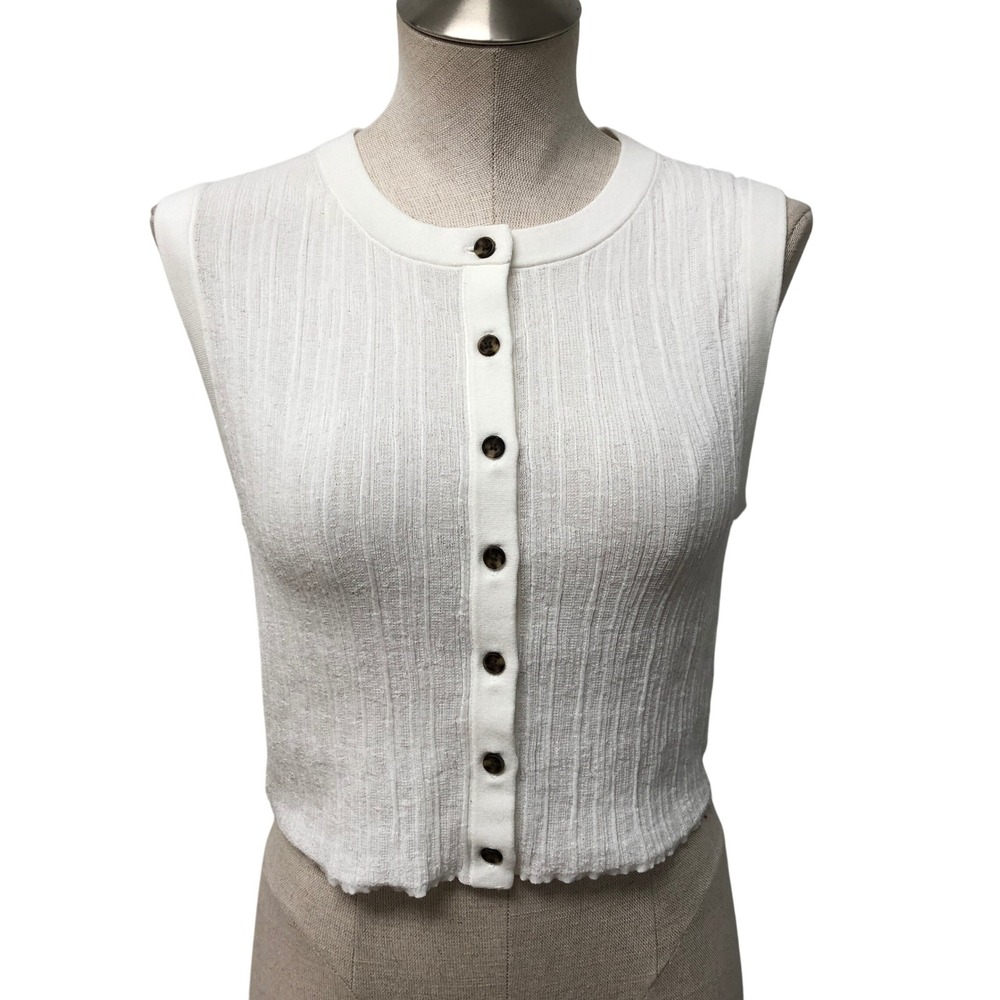 A.L.C. Knit Cardigan Womens M White Ribbed Sleeveless Button Front Cropped Top